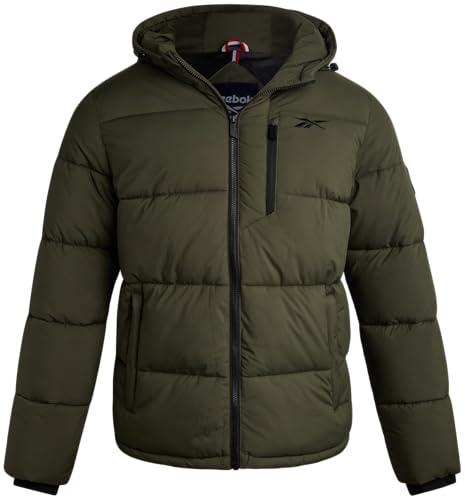 Reebok Herrenjacke – wetterbeständige Winterjacken für Herren, gesteppt, warm, Pufferjacke mit Kapuze und Taschen, Oliv/Blatt für mich (Leaf It to Me), L
