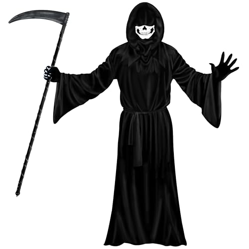 A-SZCXTOP Sensenmann-Kostüm-Set für Herren und Erwachsene, Halloween, gruseliger Geist, Phantom, Cosplay, Maskerade, Tunika-Kostüm mit Sense, Handschuhen und Kapuze, Schwarz, 150 cm, für Kinder ab 14