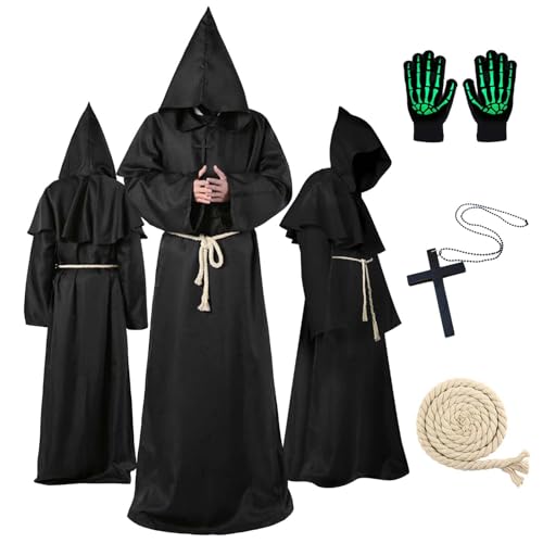 Funnity Mönch Kostüm, Faschingskostüme Männer, Priester Kostüm, Mittelalter Kleidung Herren eignen sich perfekt als Karneval Kostüm, Maskeradenkostüme(Schwarz, Large)