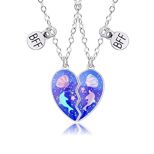Hifot 2 Stück Halskette Damen Silber Freundschaftskette, Bff Ketten für 2 Mädchen, Kette Herz Anhänger, Blau Delfin Muschel Halskette Lang für Frauen Freundin Geschenk Personalisierter Schmuck