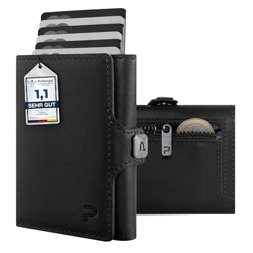 PURISTO KLIK Classic Slim Wallet mit Münzfach - Mini-Geldbörse für Herren aus Echtleder - Kleines Kartenetui mit RFID-Schutz für 10-14 Karten - Schwarz