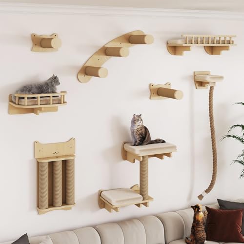 BYBYME Katzenkletterwand-Set aus Naturholz, 8-teiliges stabiles Möbelstück mit Kratzbäumen, Kätzchenplattform, 100 cm Sisalseil, Spielen und Faulenzen von Katzen (Naturholz)