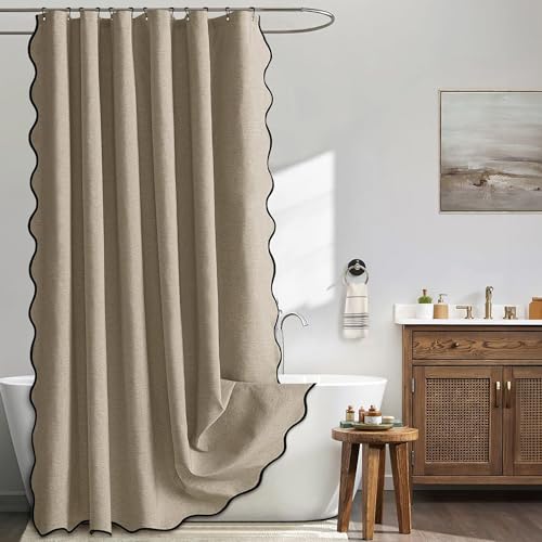 Kavier Toile Duschvorhang mit Scalloped, Faux-Leinen Struktur, wasserabweisend Dickes Stoffdesign, inkl. 12 rostfreier Metallhaken, 180 × 180 cm, Badezimmer Dekoration neutraler Braun
