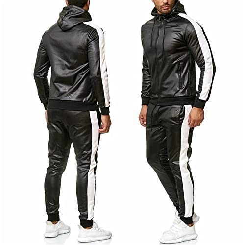 WFEI Herren-PU-Leder-Hoodies Set 2-teiliger lässig-Sweatsuit-Kapuzenjacke und Hosen-Jogging-Anzug-Trainingsanzüge Schweißanzüge,Weiß,L