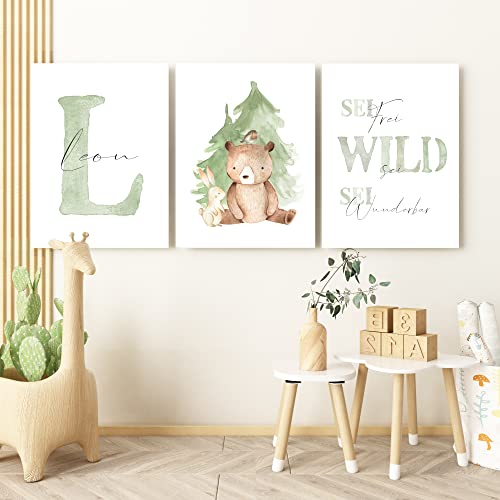 Pandawal Bilder Kinderzimmer Babyzimmer Waldtiere im Wald Deko Poster Set 3er Tiere für Kinder Junge I Mädchen mit Name und Spruch