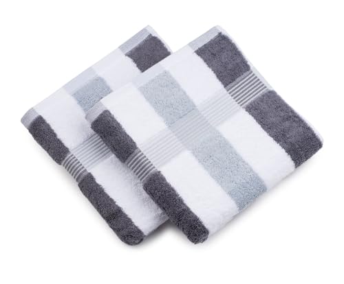 Gözze - New York Streifen Handtücher, 2er-Set, Weich und saugfähig, 100% Baumwolle, 50 x 100 cm - Anthrazit/Weiß/Silber