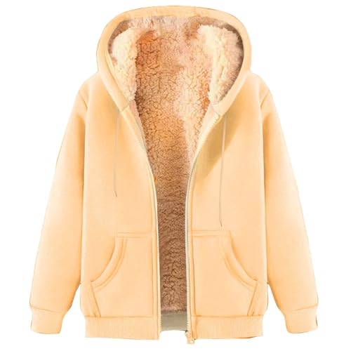ZWDC Damen Winterjacke Warm Fleecejacke Winter Sweatjacke mit Kapuze Elegant Einfarbig Übergangsjacke Große Größen Kapuzenpullover mit Taschen Lässige Wintermantel mit ReißVerschluss Plüschjacke
