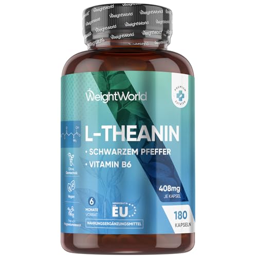 L Theanin Kapseln 408 mg - 180 Vegane Kapseln für 6 Monate - Aminosäure mit Schwarzem Pfeffer Extrakt & Vitamin B6 - L-Theanin Aminoacid aus Camellia Sinensis - Täglich 1 vegene Kapsel - WeightWorld