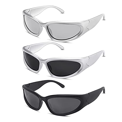 Lassuzie 3 Paar Vintage Sonnenbrille für Herren Damen y2k Futuristische Sonnenbrille Leichtgewicht Wrap Around UV400 Radsportbrillen Fahrradbrille Sportbrille