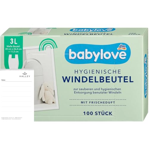 Babylove Hygienische Windelbeutel, 100 Stück, 3 Liter, mit Frischeduft, praktische Henkel, ideal für gebrauchte Windeln, für unterwegs und zu Hause + Halley Bedding Notiz Set