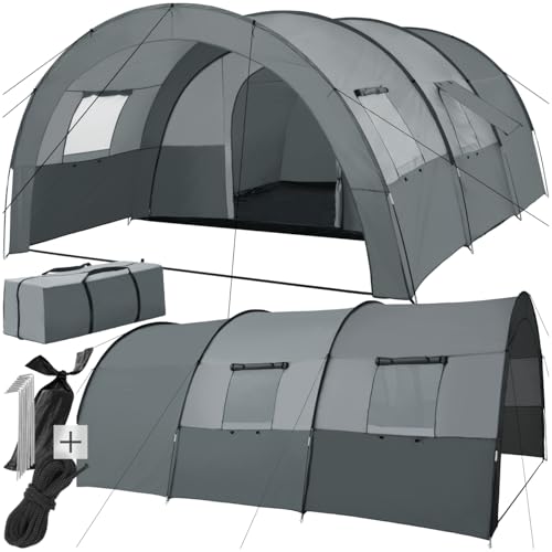 tectake® Tunnelzelt, 6 Personen, Familienzelt, Zelt groß mit Vorzelt und Bodenplane, UV-Schutz, Camping Zelt inkl. Tragetasche, 350 x 480 x 195 cm - dunkelgrau/hellgrau
