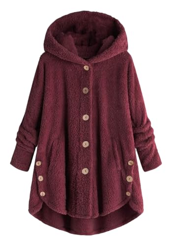 OMZIN Damen Übergroßer Kapuzenpullover Warm Teddy-Fleece Pullover Wintermantel Einfarbig Große Größen Parka Plüschjacke Herbst Winter Mit Kapuze Pulli Wein Rot 3XL