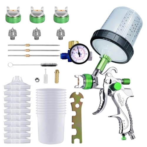 HVLP-Spritzpistole, Spritzpistole-Kit mit 10 Stück 600ML Einwegbechern Spritzpistole Cups &Druckmesser, Auto-Spritzpistolen-Kit mit 3 Düsen 1.4/1.7/2mm&Farbmischbecher (Grün)