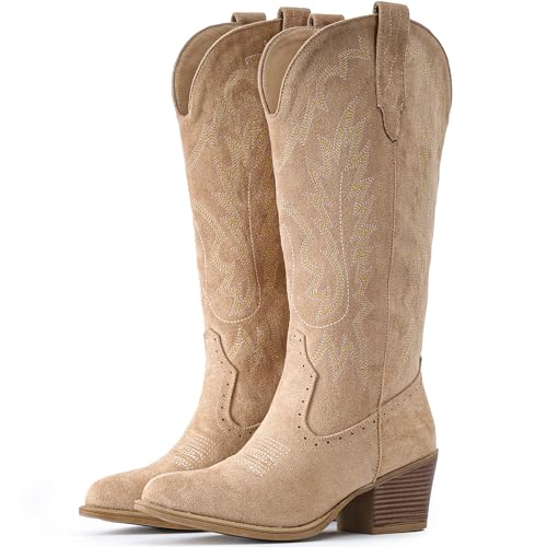 IUV Cowboystiefel aus Wildleder für Damen, klobiger Absatz, spitzer Zehenbereich, Cowgirl-Stiefel, wadenhoch, Western-Stickerei, aprikose, 39 EU
