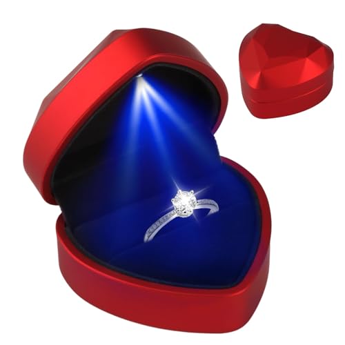 Herzförmige Ringschachtel mit LED, Beleuchtung Ringbox Herzform mit Samt Interieur Ringschachtel Hochzeit Schmuck Präsentationsbox Verlobungsring Box für Wedding Valentinstag Proposal Verlobung