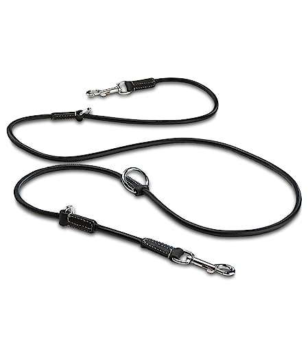 Hundeleine Leder 2,0m Premium Rund-Lederleine schwarz | Führleine mit Edelstahl-Karabiner | Hunde Leine mehrfach verstellbar Denise (Schwarz)