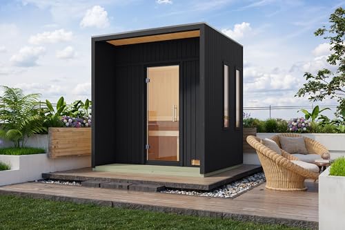 Chillroi Karibu Saunahaus Nadira Natur oder schwarz inkl. Saunaofen 9kW Außensauna Gartensauna (Schwarz)