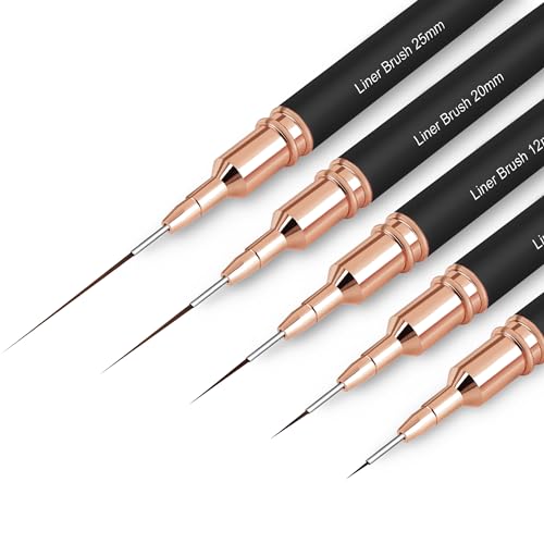 Nagelkunstpinsel, 5 Stück Nagelkunst Liner Pinsel, Malerei Kunst Design Pinselset Nagelpunktier-Zeichenwerkzeug für lange Linien, dünne Details, feines Zeichnen in den Größen 6/9/12/15/18 mm, Schwarz