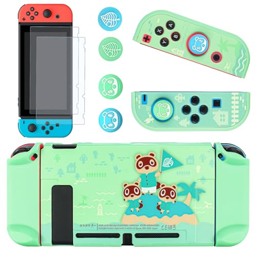 DLseego Schutzhülle Kompatibel mit Switch, Hard Hülle Schale Kratzfeste, Stoßfeste Abdeckung Case mit 2 Schutzfolie und 4 Joystick Kappen für Switch Konsole und Joy Con - Grün