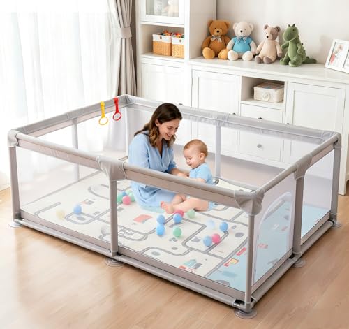 Truevaste Laufstall Baby 120x180cm, Laufgitter Kinder 120x180x65cm mit Matratze, 600D Oxford Faltbar Playpen mit 50 Bunte Bälle, 2 Zugringen & 1 Stauetasche, Kinderlaufstall Tragbar für Indoor Outdoor