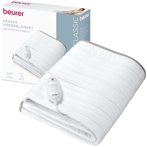 Beurer TS 17 Wärmeunterbett, weiches Vliesmaterial, rutschfest dank Fixierung mit Gummiband, 3 Temperaturstufen, 150x80 cm, Sicherheitssystem, abnehmbarer Schalter, maschinenwaschbar bei 30 °C, Grau