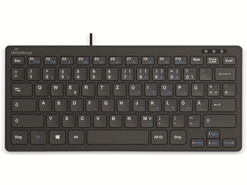MediaRange kabelgebundene Kompakt-Tastatur mit 78 ultraflachen Tasten, deutsches QWERTZ Layout, PC Tastatur mit Plug&Play USB 2.0 Anschluss, spritzwassergeschützt, Farbe schwarz