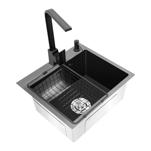 Konfiur Spüle Küche, Spülbecken Schwarz 45x45cm, Küchenspüle aus Edelstahl mit Armatur Set, Einbauspüle mit Abtropfkorb & Seifenspender, Moderne Spüle Küche