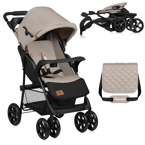 LIONELO Emma Plus Kinderwagen bis zu 15 kg, Kindersportwagen, leicht modern klein Buggy mit Liegeposition, zusammenklappbar, große Räder, großer Korb, Tasche Stone