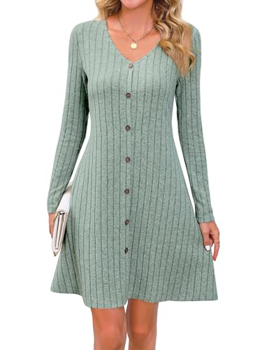 MYCOLORBLUE Kleider für Damen A Linie V-Ausschnitt Langarm Deko Knopf Gestreift Vintage Täglich Midikleid Strickkleider Grün XL