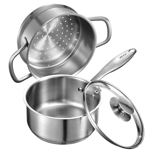 VEVOR Kochtopf Großraumtopf 1,42 L mit Glasdeckel & Dampfschicht, Suppentopf Gemüsetopf mit ergonomischem Griff, Milchtopf aus Edelstahl Gemüsetopf Silber spülmaschinengeeignete Soßentopf