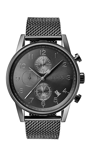BOSS Chronograph Quarz Uhr für Herren mit Graues Edelstahl-Mesh-Gliederarmband, Grau, One Size