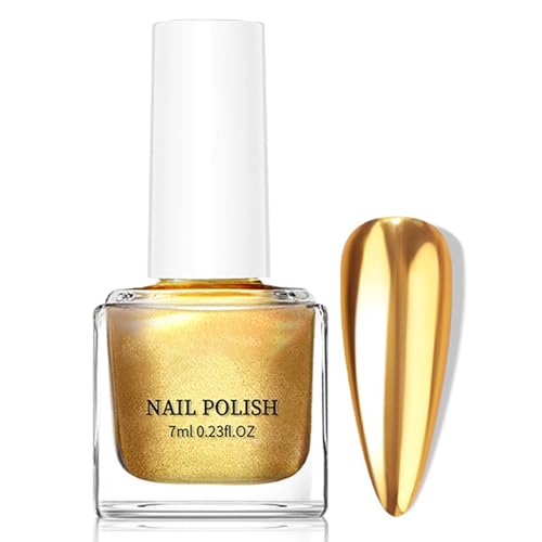 Gold Spiegel Nagellack - 7ML Metall Nail Polish, Spiegelnagellack Effekt Schnelltrocknend Chrom-Nagellack Rizinusöl Regulärer Fingernagellack Bruchsicherer Kein UV Nötig für Geschenk Maniküre (Gold)