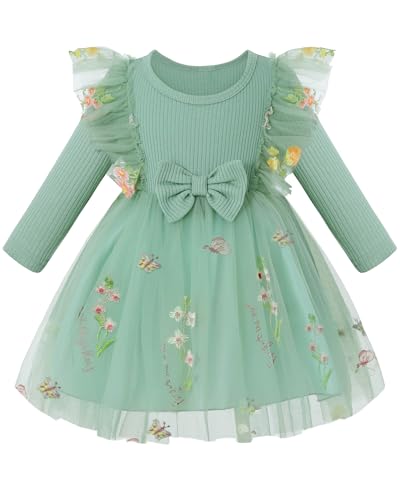Amissz Girls Long Sleeve Tulle Dress BlumenmäDchenkleider Prinzessin Kleid Mädchen Festzug Langarm Kleider Hochzeit Partykleid Brautjungfern Kleidung Spitze Tüllkleid Geburtstag, Grün, 3-4 Jahre