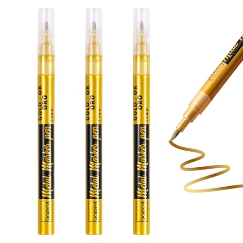 3er-Pack Grabstein Farbe, Goldstift Zum Schreiben, Goldener Stift, Permanent Marker Wasserfest Stift, Schnelltrocknend, Wetterfest, für Kleidung, Holz, Metall, Glas, Reifen, Gemälde, Fotoalben