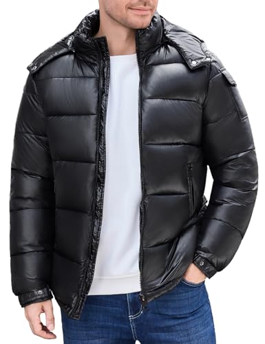 Yusongirl Glänzende Pufferjacke für Herren, schwarz, wasserdicht, Oberbekleidung, Reißverschluss, Wintermantel, warm, abnehmbarer Kapuzenpullover, Reisen, bauschige Kleidung, Schwarz, L