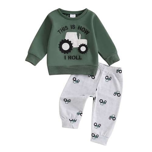 XIXIMAON Bekleidungsset für Kinder, Baby, Jungen, 2-teilig, Sweatshirt, Auto + Hose, Outfit für Frühling, Herbst, Winter, Traktorgrün, 6-12 Monate