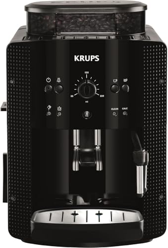 KRUPS Arabica Picto Kaffeevollautomat, kompaktes Design, einfache Bedienung, intuitiv einstellbarer Drehregler, Milchschaumdüse, 2-Tassen-Funktion, Kaffeemaschine, Schwarz, EA810870