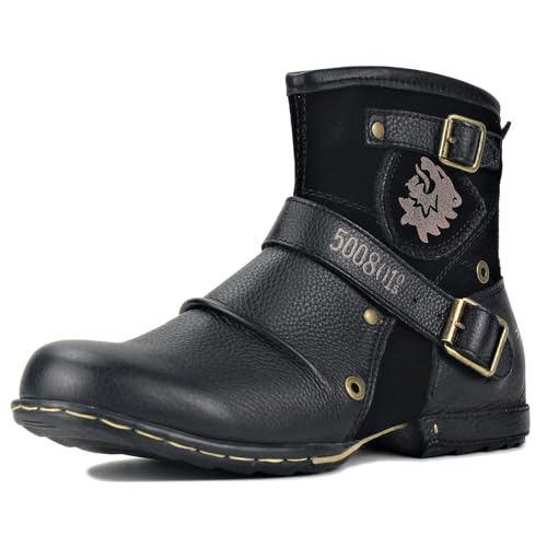 COWSDELLA Herren Stiefel aus Leder Rindsleder mit Gummisohle Biker Motorrad Boots mit Reißverschluss Retro CD-5008-1-N-S, Wildleder Schwarz US9.5(EU42.5)