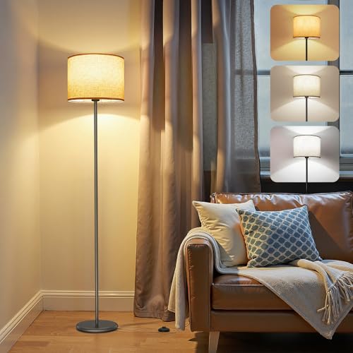 AmazeFun LED Stehlampe Dimmbar, 156cm Stehlampe Wohnzimmer mit Beigen Leinen-Lampenschirm & Fußschalter, Moderne Stehlampen mit E27 Birne 3 Farbtemperatur für Wohnzimmer Schlafzimmer Büro