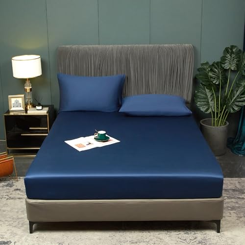 Luowei Spannbettlaken 180x200 cm Dunkelblau Atmungsaktiv Kühlung Bettlaken Boxspringbet aus Bambus Polyester Weich Langlebig Maschinenwaschbar Spannbetttuch für 25-30 cm höhe matratze