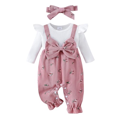 Beauace Baby Mädchen Strampler Neugeborene Langarm Bodysuit Schleife Blumen Druck Outfit Set Kleinkind Herbst Kleidung 0-6 Monate (Rosa, 3-6 Monate)