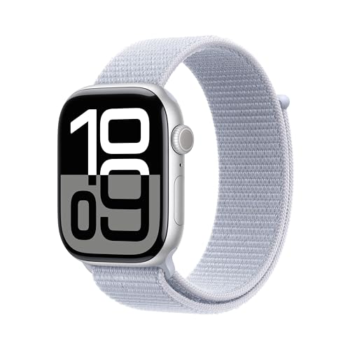 Apple Watch Series 10 (GPS 46 mm) Smartwatch mit Aluminiumgehäuse in Silber und Sport Loop in Blaue Wolke (One Size). Fitnesstracker, EKG App, Always-On Retina Display, CO₂ neutral
