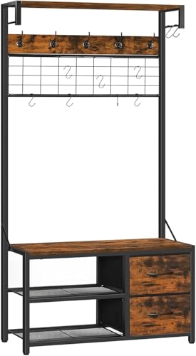 HOOBRO Garderobenständer, Schuhregal mit Garderobe, Garderobe mit Sitzbank, Eingangsmöbel mit Haken und Schubladen aus Vliesstoff, für Wohnzimmer, Flur, Vintagebraun und Schwarz EBF08MT01