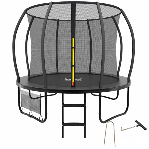 Zelsius Trampolin Schwarz Ø 305 cm für den Outdoor-Bereich | Trampolin Outdoor für maximal 150 kg, Gartentrampolin mit Sicherheitsnetz, Leiter und Schuhbeutel | Trampolin für Sport und Freizeit