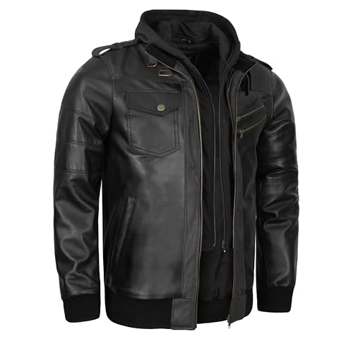 Leatherick Premium Sheep Herren-Lederjacke – Thinsulate-Steppfutter, abnehmbare Fleecekapuze, mit 7 funktionellen Taschen (DE/NL/SE/PL, Alphanumerisch, 3XL, Regular, Regular, Schwarz)