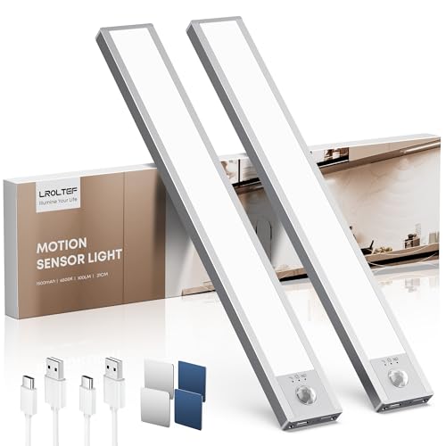 LROLTEF Schrankbeleuchtung Led Lampe mit Bewegungsmelder - 21cm 1500mAh Unterbauleuchte Küche Licht Aufladbar mit Sensor - Dimmbar Schranklicht Treppenlicht - Vitrinenbeleuchtung Magnetische | 2 Stück