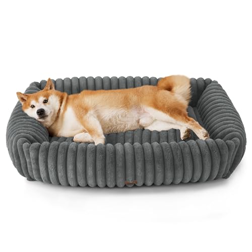 BEDSURE waschbares Hundebett für große Hunde - 91x68x20cm weicher orthopädischer Hundekorb mit bequemem Fleece-Bezug, rutschfestes Hundebett mit hohem Rand in grau