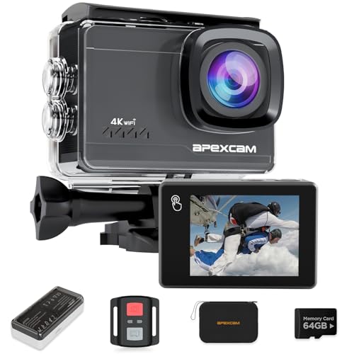 Apexcam M90 mit 64G Karte Action Cam 4K60FPS 64MP WLAN EIS Bildstabilisierung Sportkamera mit Touchscreeen Unterwasserkamera 40m Wasserdicht 8X Zoom 2.4G Fernbedienung 2x1350mAh Akkus mit Zubehör-Set