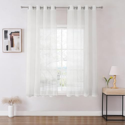 Joydeco Gardinen mit Ösen Transparente 2er Set, Optik Gardine Voile Ösenvorhang Ösenschal Durchsichtig Vorhang Kurz für Schlafzimmer Wohnzimmer Schlaufenschal (Weiß, 2xH145xB140)