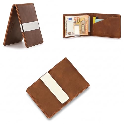 RisePlus Geldklammer Herren, Slim Wallet mit Geldklammer, Money Clip, Ultraleichtes Kartenetui, Kompaktes RFID‑Kreditkartenetui, Minimalistisches Portemonnaie mit Geldscheinklammer （Braun）